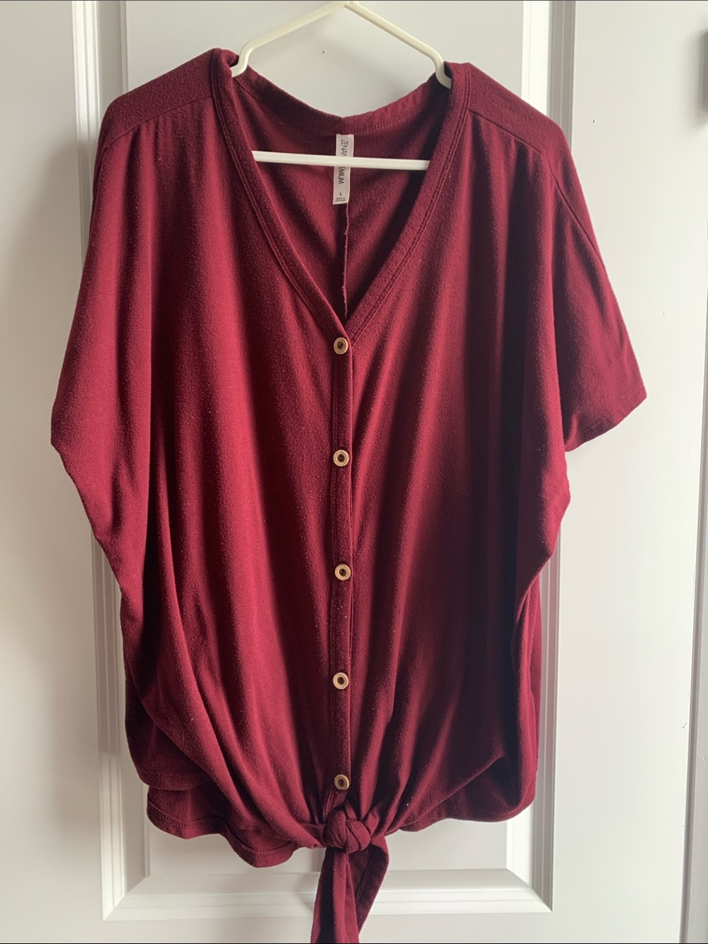 Zenana Outfitters Burgundy Button-Front Tie Hem Top